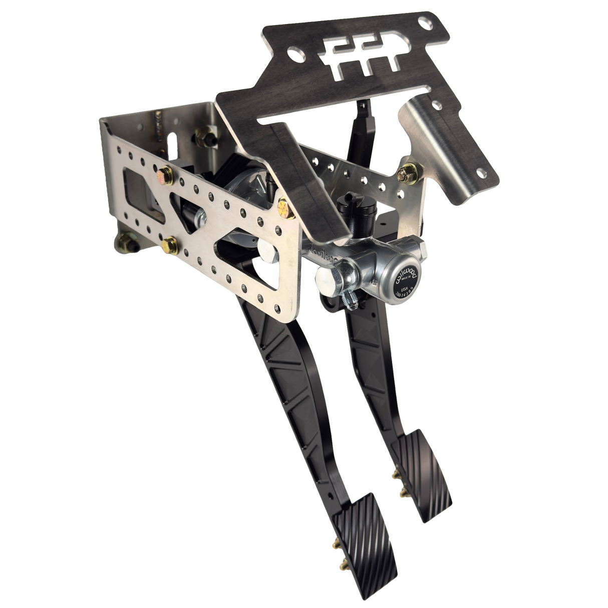 alternative drivers side view of 79-93 mustang sportsman's pedal assembly with black brake and throttle pedals installed