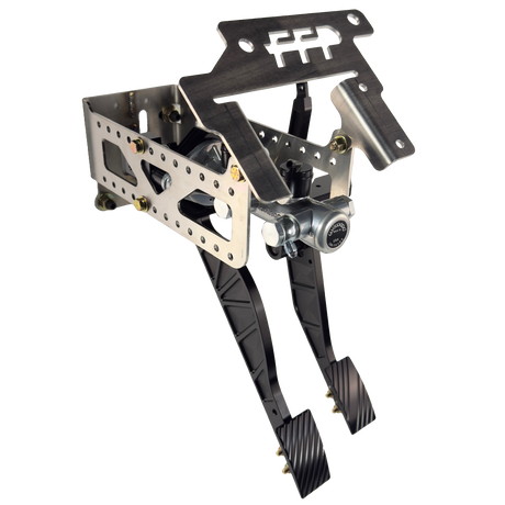 alternative drivers side view of 79-93 mustang sportsman's pedal assembly with black brake and throttle pedals installed