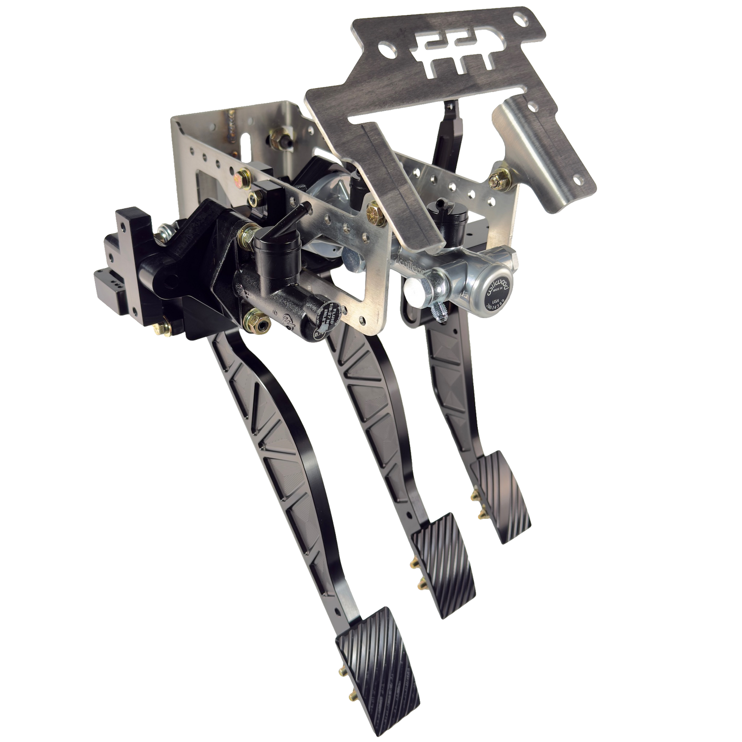 alternative drivers side view of 1979-1993 Mustang Sportsman's kit with brake, throttle, and clutch pedals installed. Featuring a stainless steel main structure and stylish 6061 aluminum pedals and pedal pads.