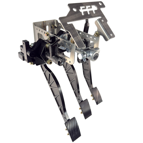 alternative drivers side view of 1979-1993 Mustang Sportsman's kit with brake, throttle, and clutch pedals installed. Featuring a stainless steel main structure and stylish 6061 aluminum pedals and pedal pads.