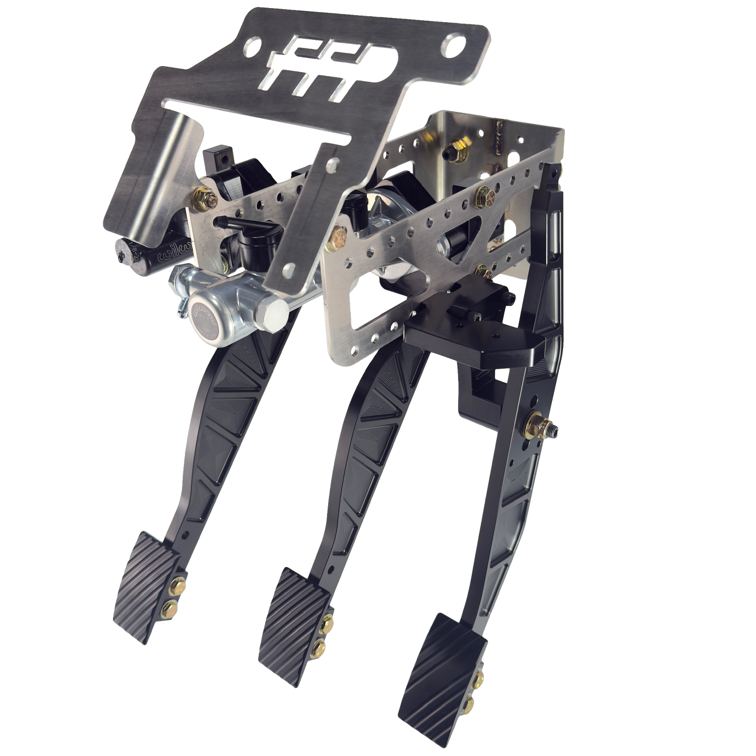 1979-1993 Mustang Sportsman's kit with brake, throttle, and clutch pedals installed. Featuring a stainless steel main structure and stylish 6061 aluminum pedals and pedal pads