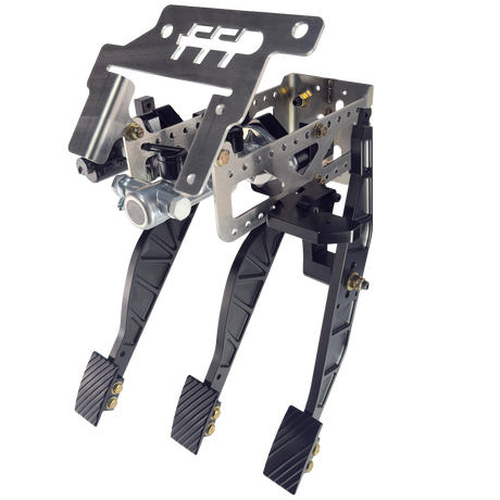 1979-1993 Mustang Sportsman's kit with brake, throttle, and clutch pedals installed. Featuring a stainless steel main structure and stylish 6061 aluminum pedals and pedal pads