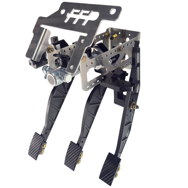 1979-1993 Mustang Sportsman's kit with brake, throttle, and clutch pedals installed. Featuring a stainless steel main structure and stylish 6061 aluminum pedals and pedal pads