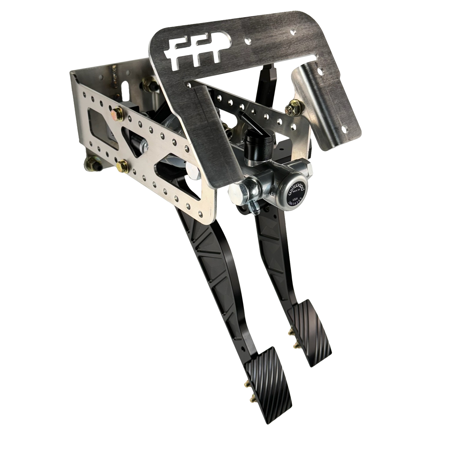Driver's side view of 1994-2004 mustang FFP Customs Sportsmans Kit with brake and throttle pedal installed
