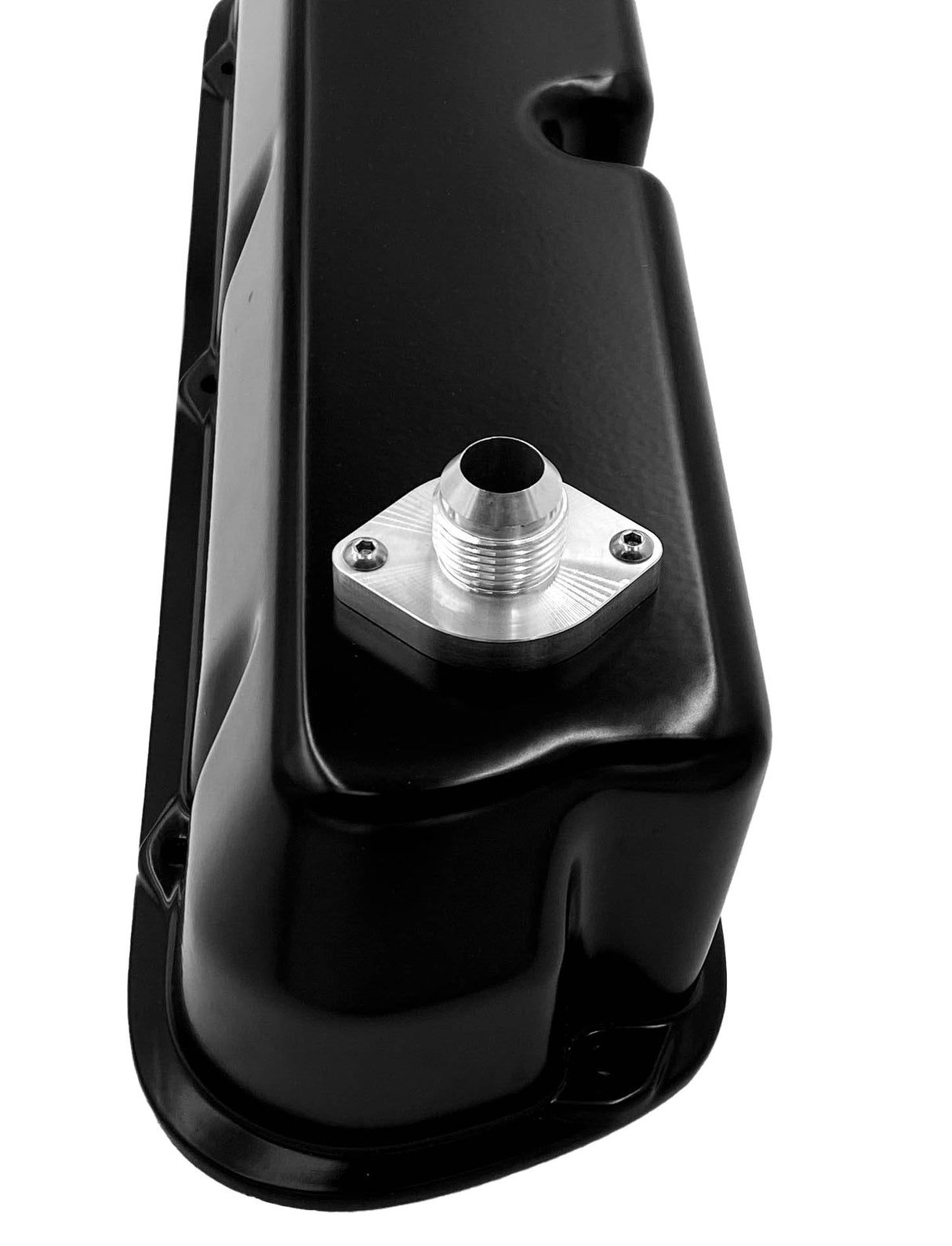 -10AN and -12AN bolt n fitting installed on a valve cover natural finish