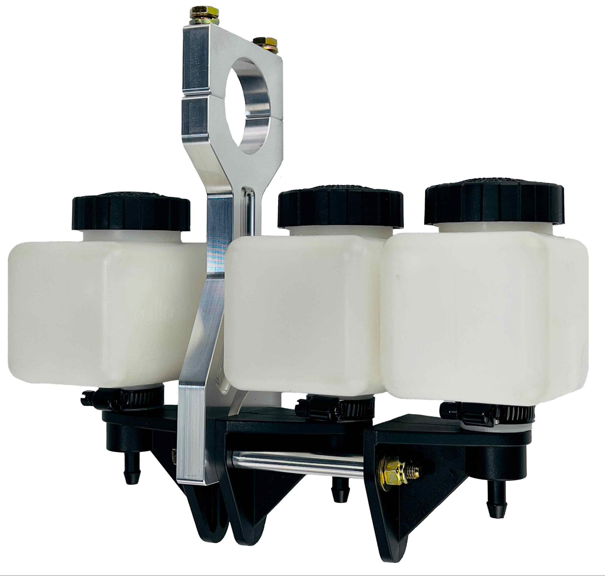 natural finish brake and clutch reservoir mount with all 3 tanks installed