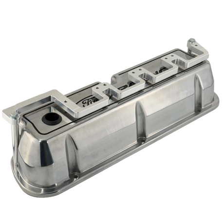 small block ford smart coil mount installed on a valve cover natural finish