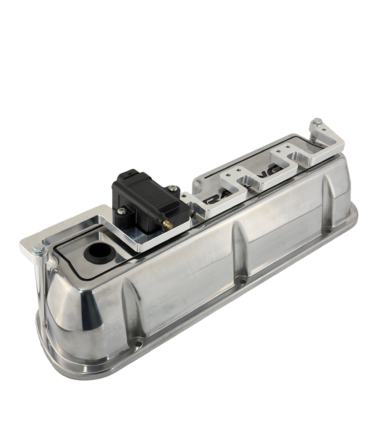 small block ford smart coil mount installed on a valve cover with a coil installed