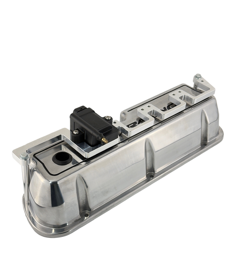 small block ford smart coil mount installed on a valve cover with a coil installed