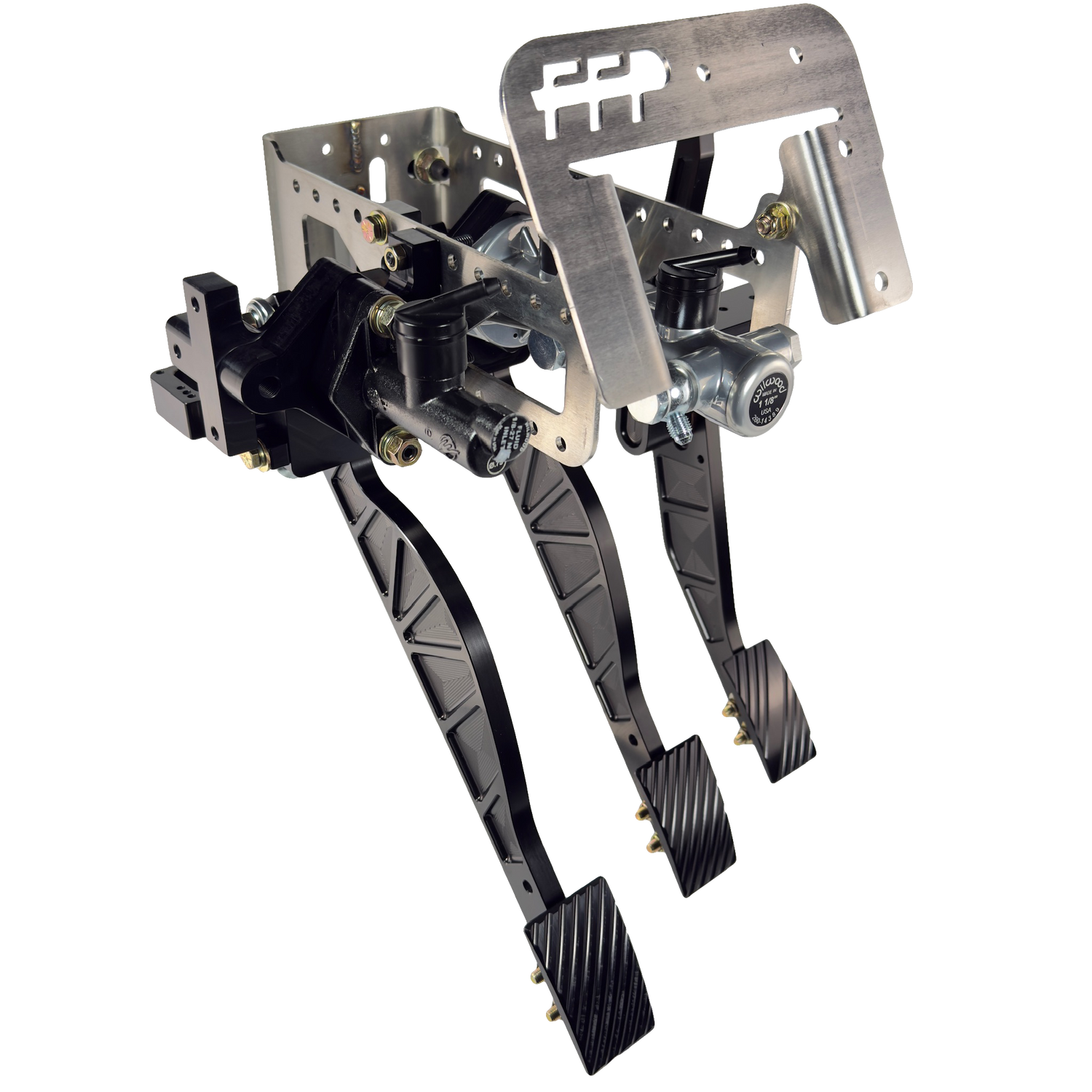 drivers side view of 1994-2004 Mustang FFP Customs Sportsmans Brake Throttle Clutch Kit with all 3 pedals installed