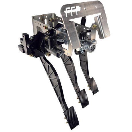 drivers side view of 1994-2004 Mustang FFP Customs Sportsmans Brake Throttle Clutch Kit with all 3 pedals installed