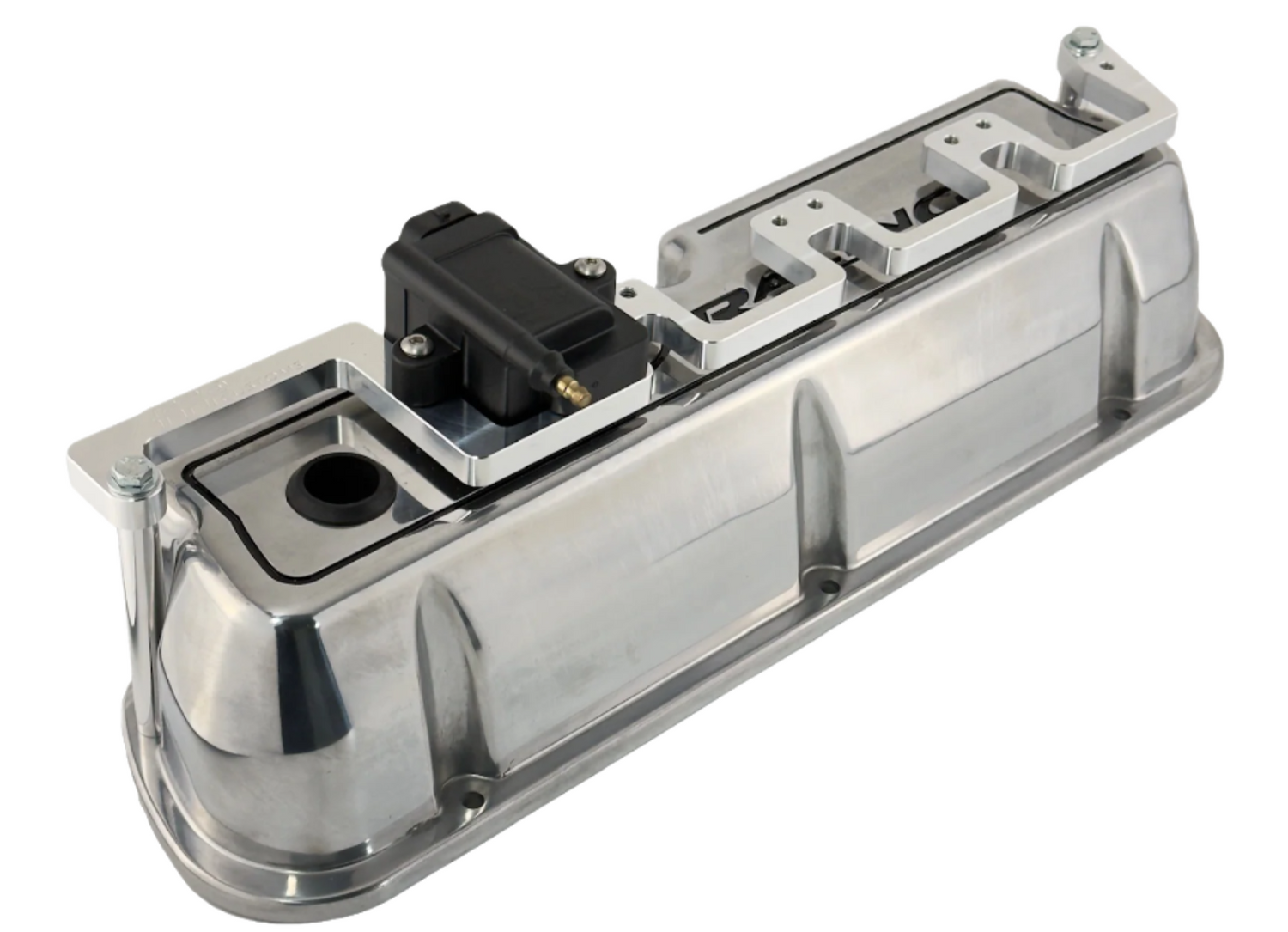 small block ford smart coil mounts installed on valve cover with a coil installed natural finish