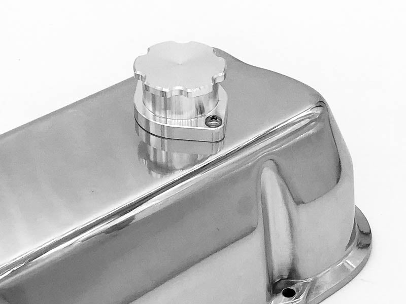 bolt on oil fill installed on valve cover natural finish
